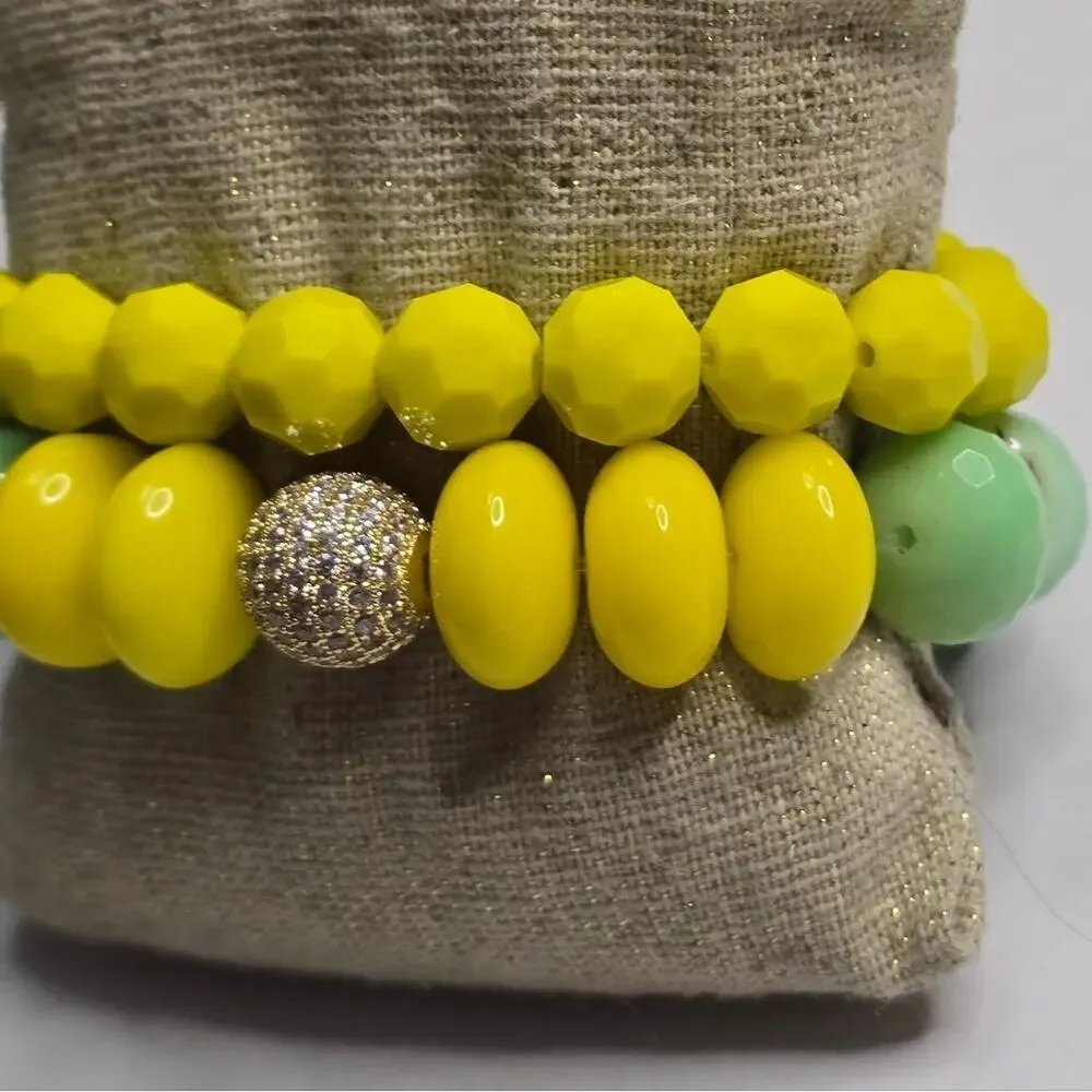 Treska Yellow and Green Faceted Beaded Stretch Bracelet Set New